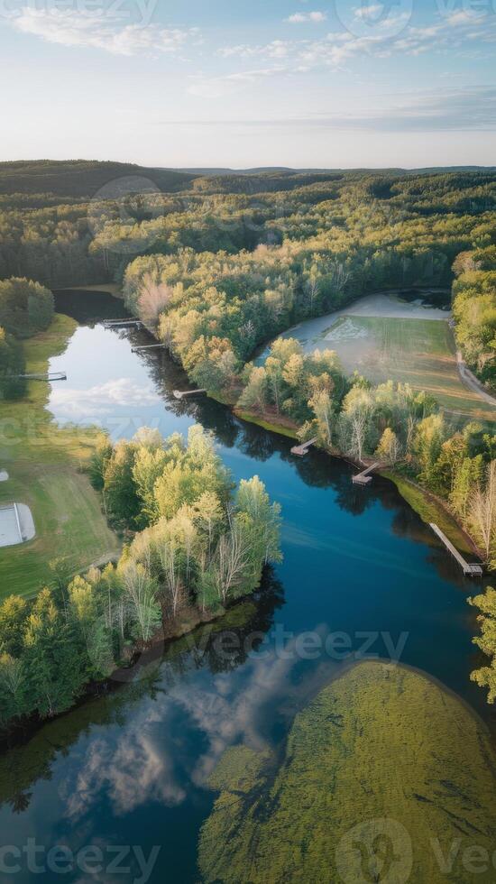 An aerial view of a river and forest photo
