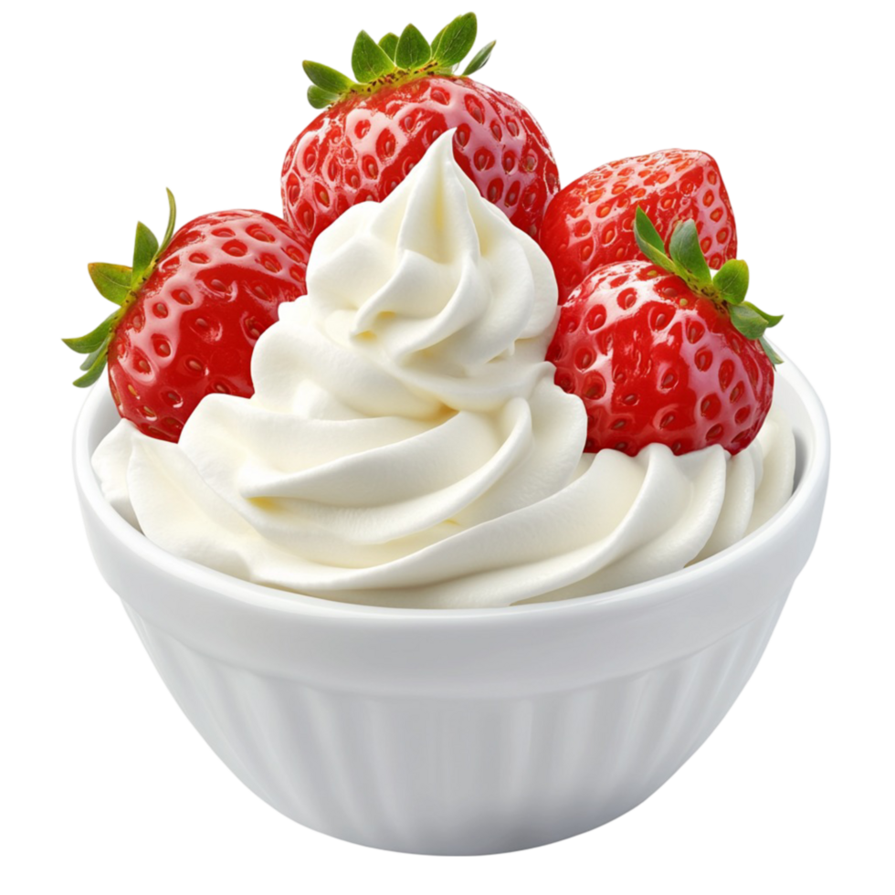 Bowl of whipped cream topped with and juicy strawberries png