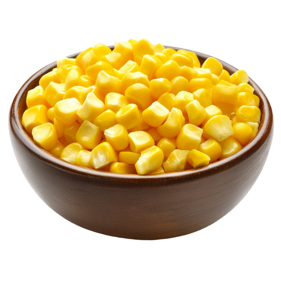 Wooden bowl filled with and juicy yellow corn kernels png