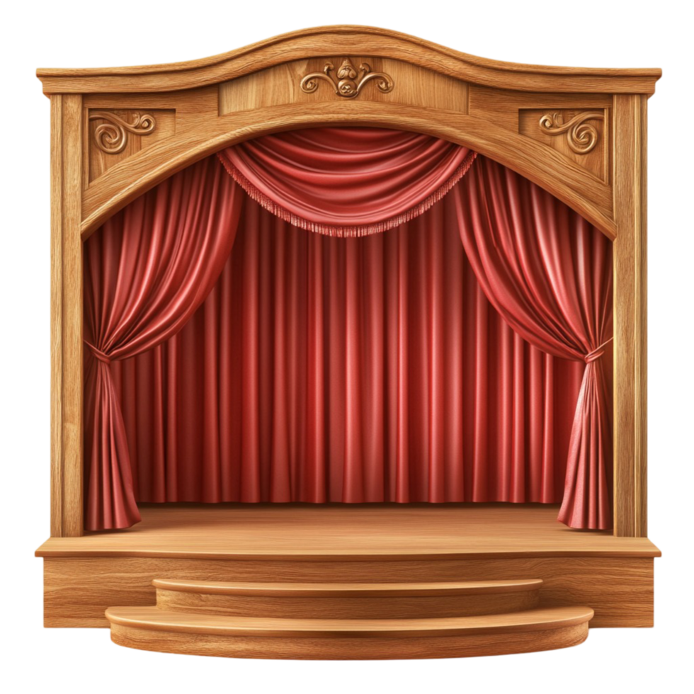Beautiful wooden theater stage with a red velvet curtain and ornate frame png