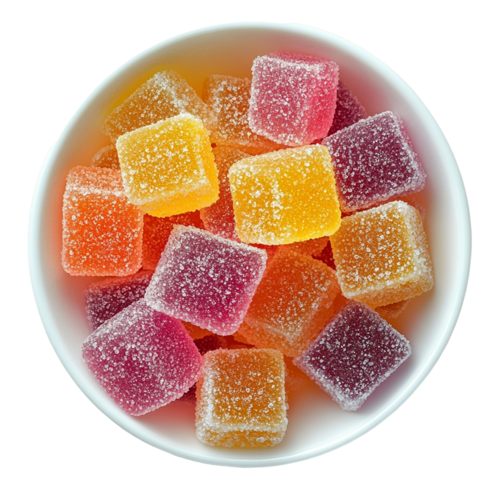 Bowl of colorful sugar coated gummy candies in different fruity flavors png