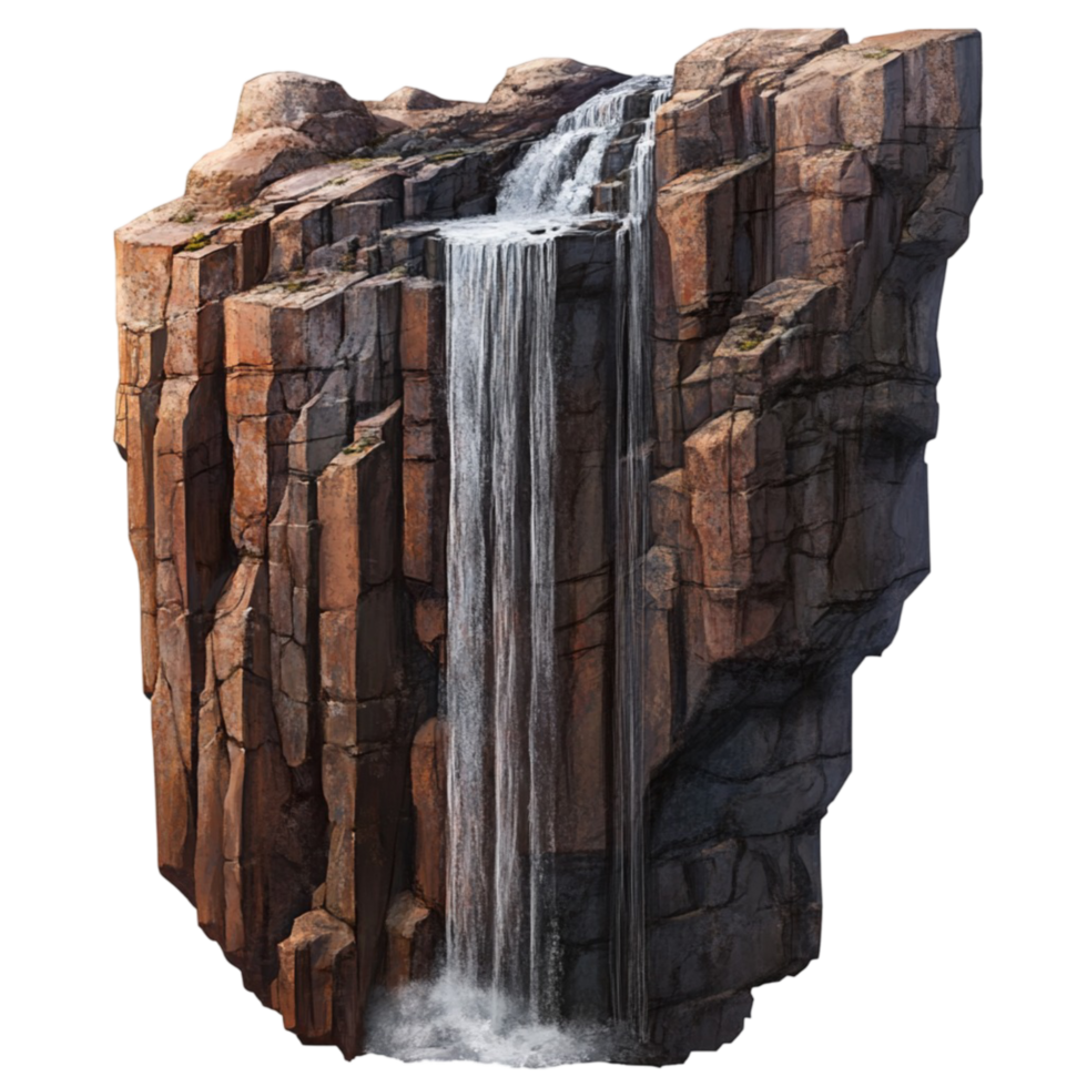Majestic waterfall cascading down a rugged cliff with powerful flowing water png