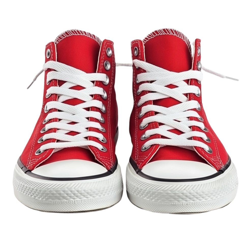 Pair of red high top sneakers with white laces and rubber soles png