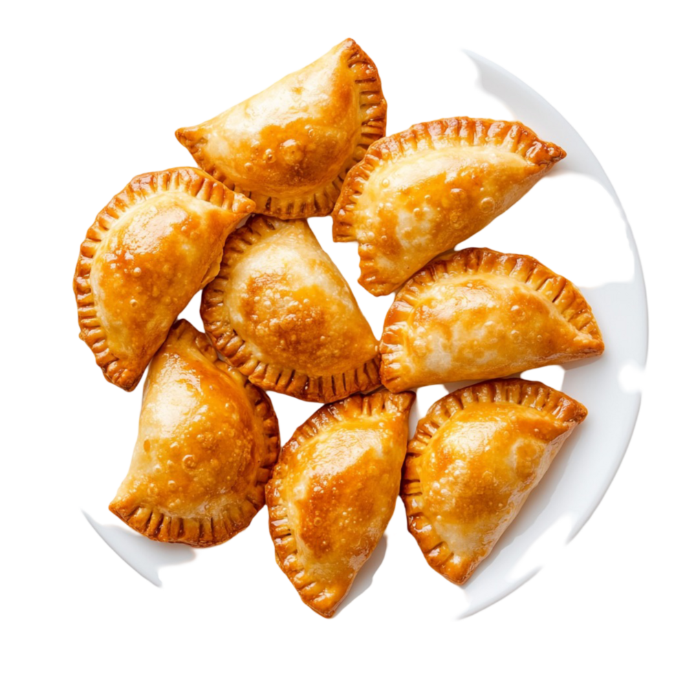 Golden empanas neatly arranged on white plate png