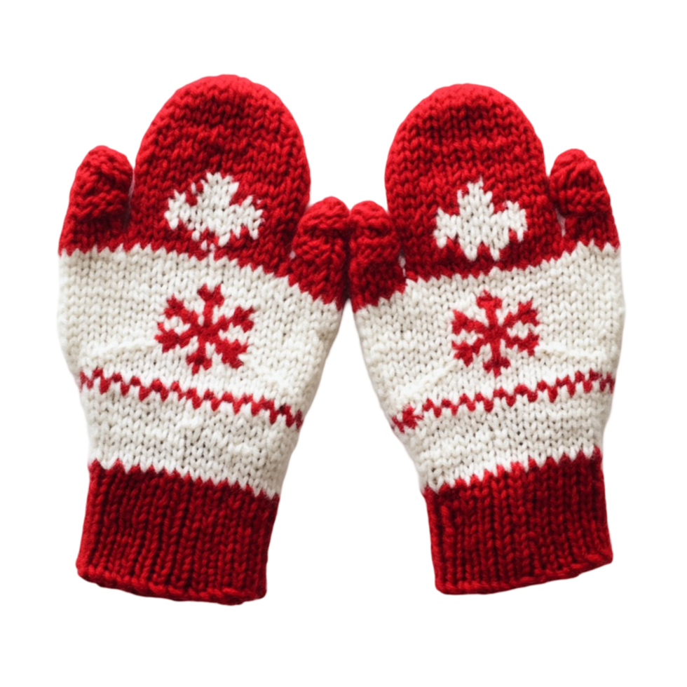 Red and white knitted mittens with a snowflake pattern on the front png