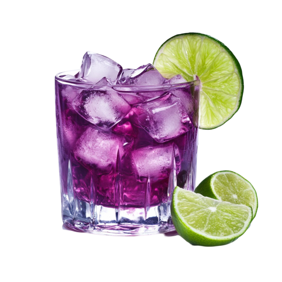 Glass of purple cocktail filled with ice cubes and garnished with lime slices png