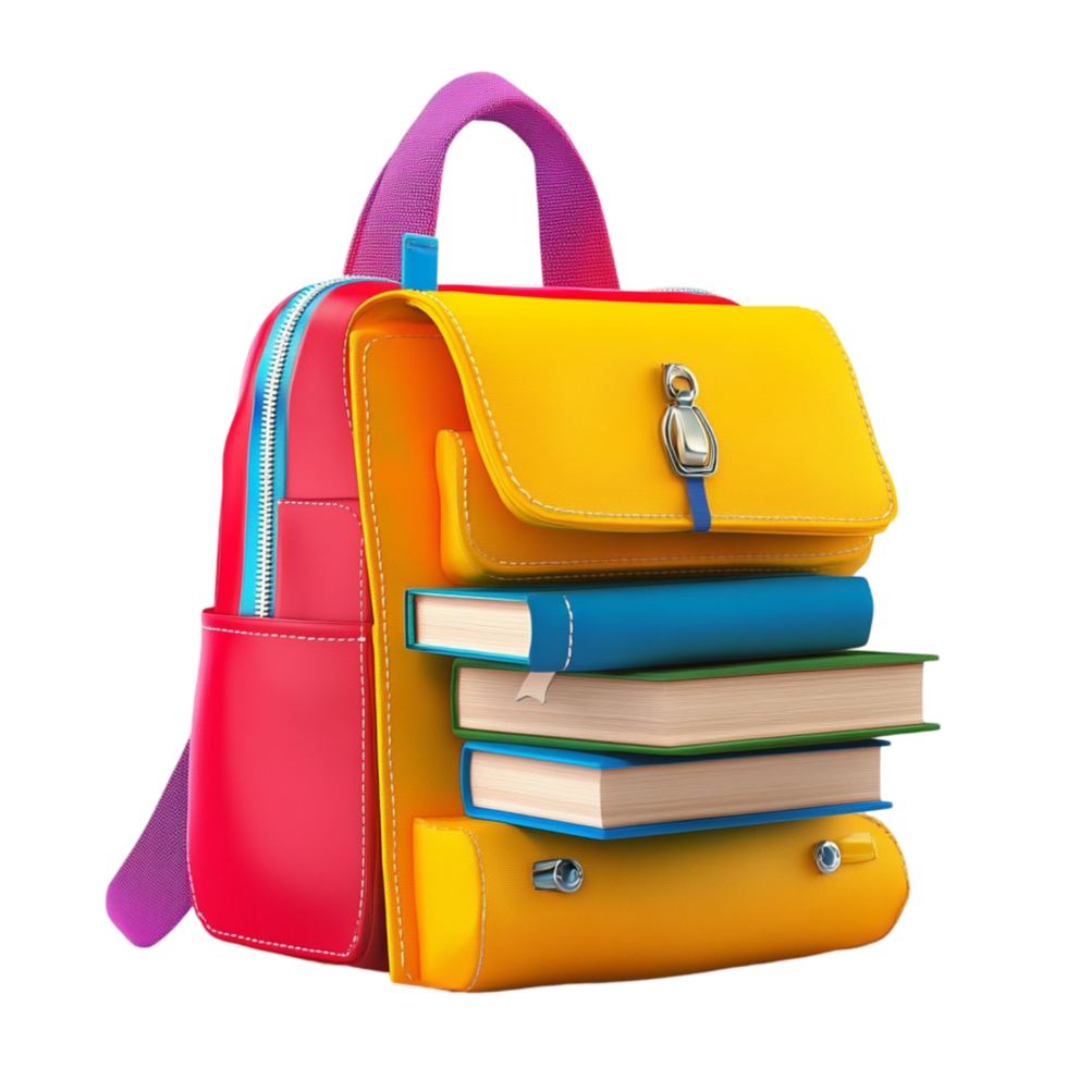 Colorful school backpack packed with neatly arranged books png