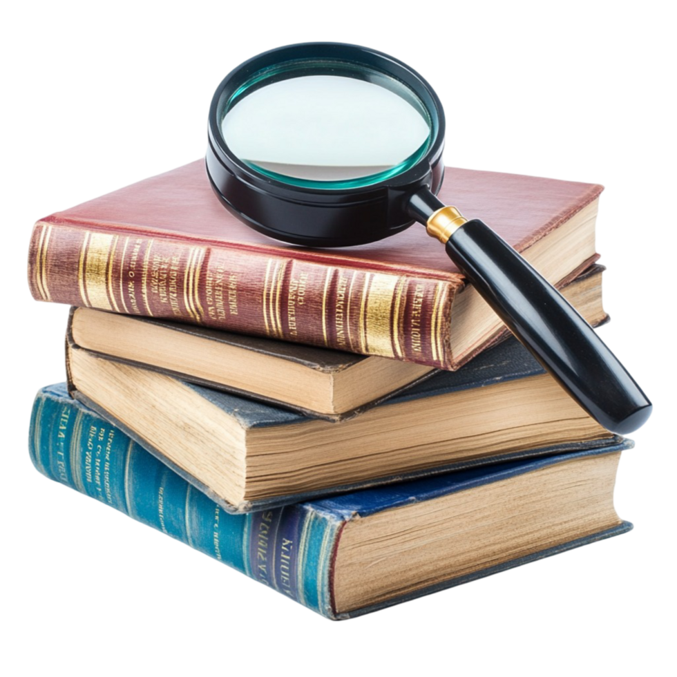 Pile of old books with a magnifying glass resting on top png