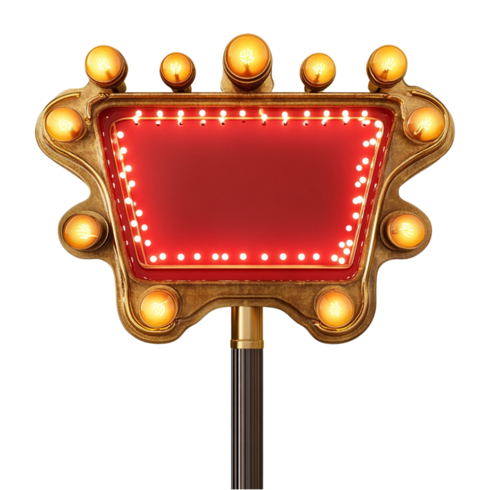 Retro style red marquee sign with glowing yellow light bulbs around the edges png