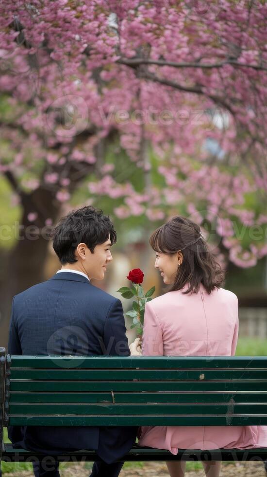 A man and woman sitting on a park bench photo