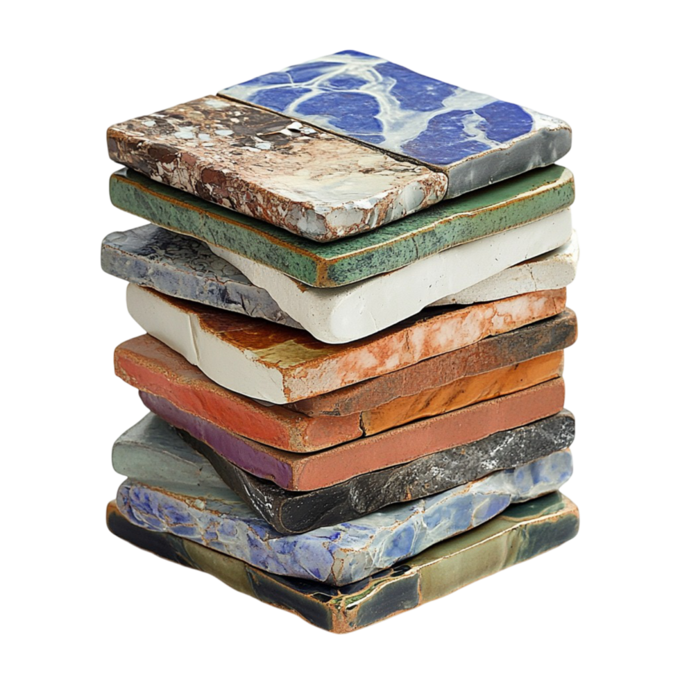 Stack of marble tiles with unique patterns and textures png