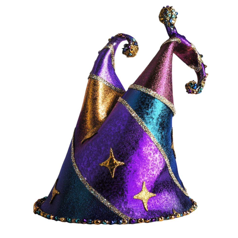 Colorful wizard hat with a curved top and shiny fabric decorated with stars png