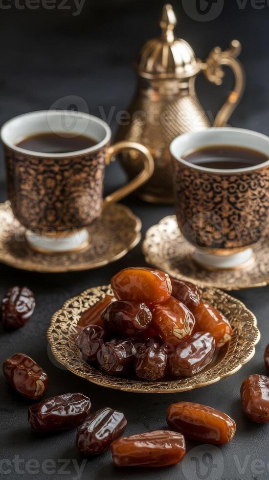 Dates and coffee on a dark background photo