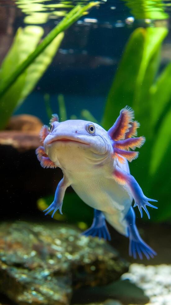 Underwater axolotl portrt close up in an aquarium mexican walking fish ambystoma mexicanum photo