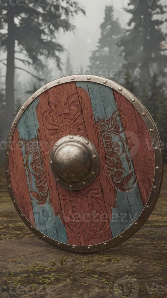 A wooden shield with a red and blue design photo