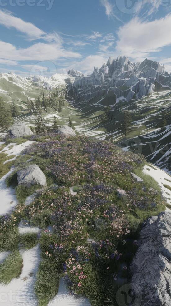 A scene with flowers and rocks in the snow photo