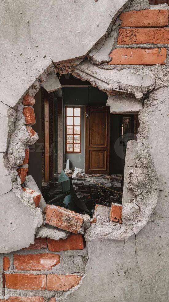 A hole in a wall with a brick wall and a door photo
