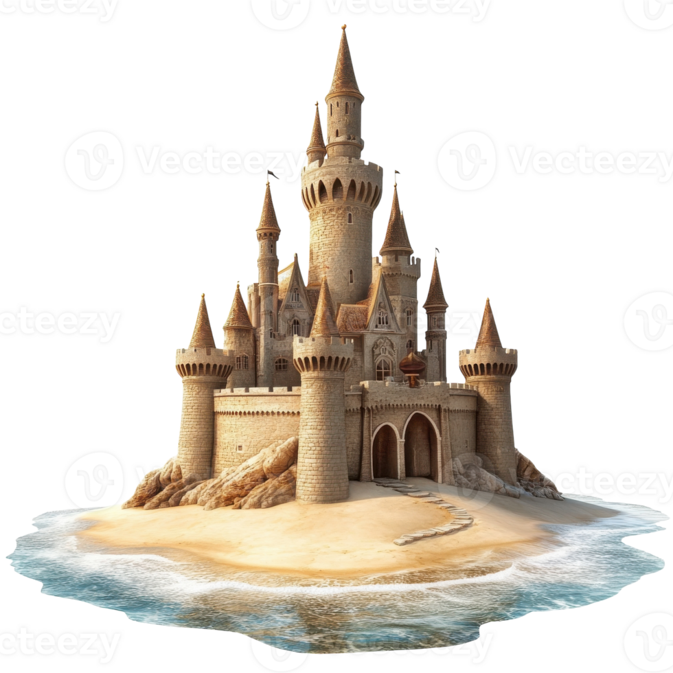 Coastal Castle Beach Scene on transparent background. png