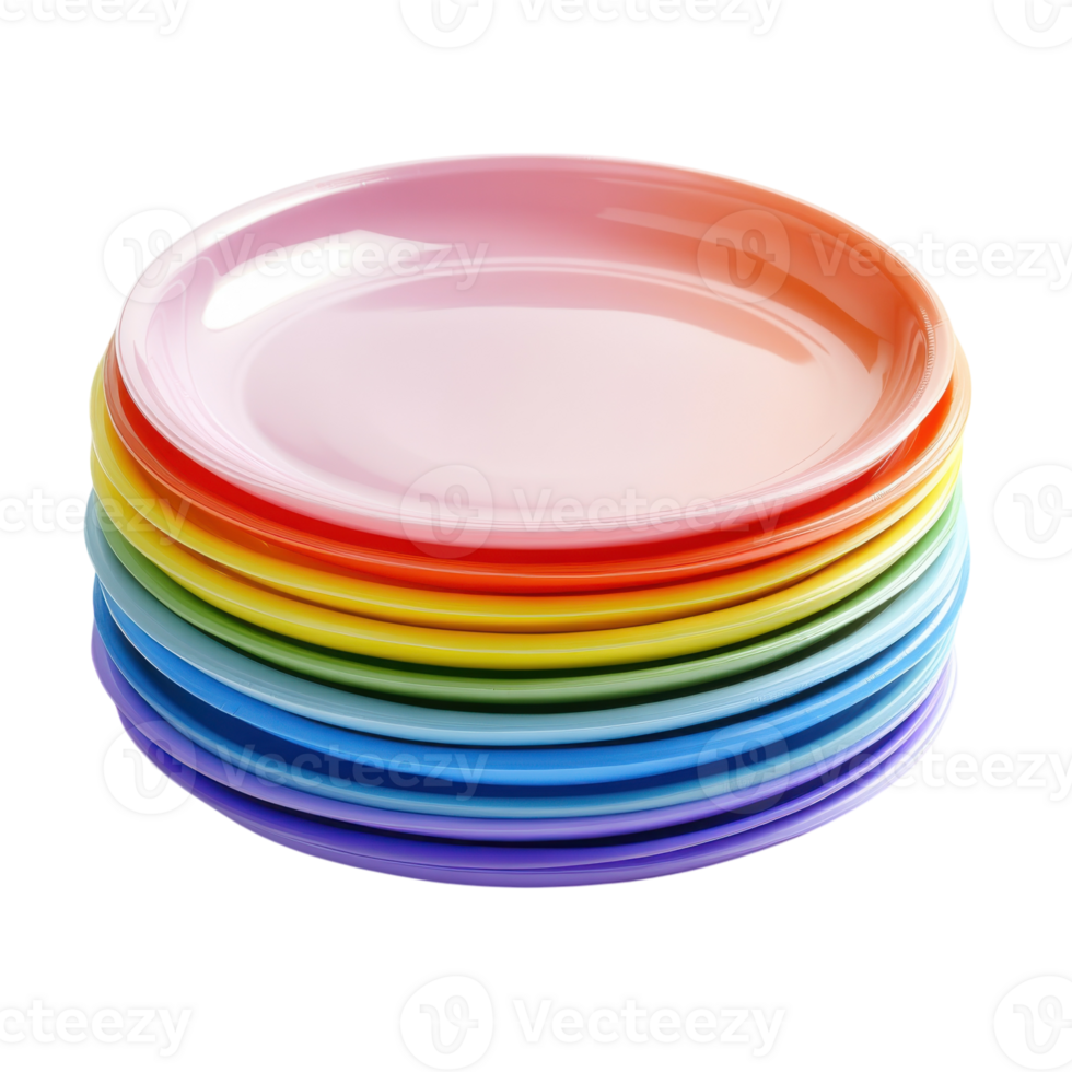 Colorful Plastic Plates Stacked on transparent background. png