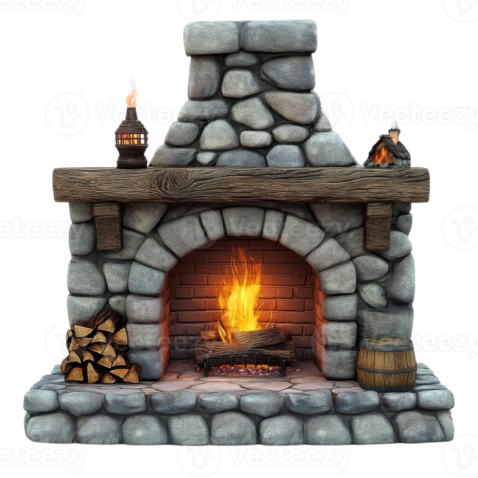 Cozy Rustic Brick Fireplace on transparent background. png