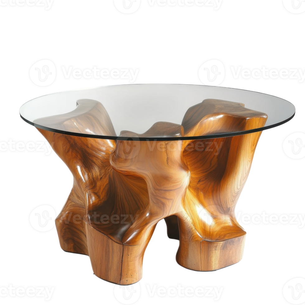 Glass Top Table Organic Wooden Base on transparent background. png