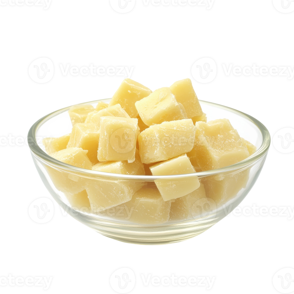 Fresh Butter Cubes in Glass Bowl on transparent background. png