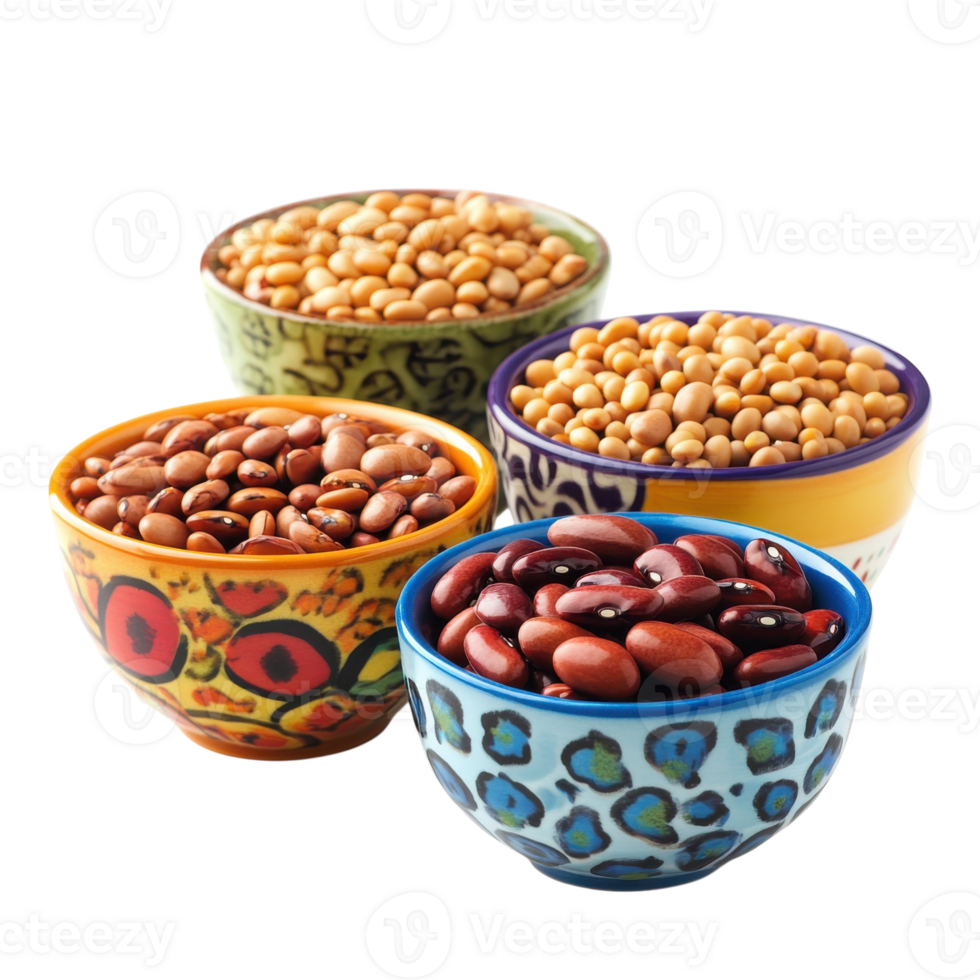 Colorful Bowls of Dry Beans on transparent background. png