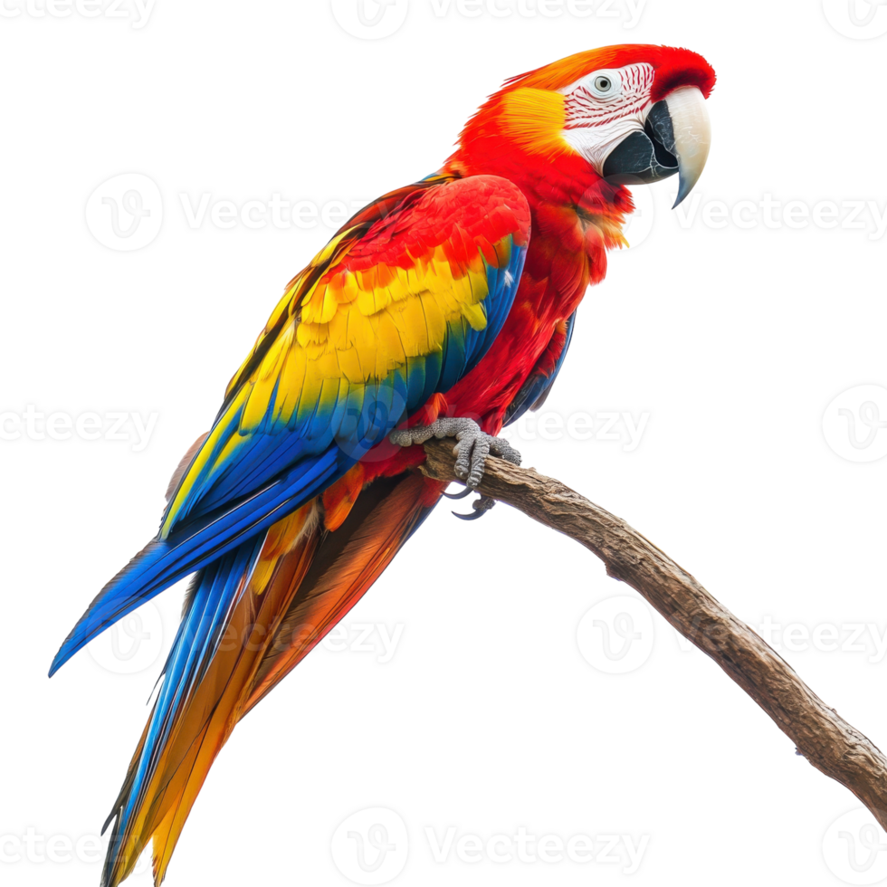Vibrant Scarlet Macaw on Branch on transparent background. png