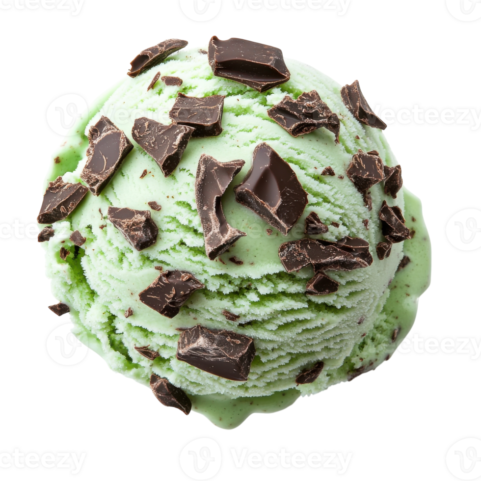 Mint Chocolate Chip Ice Cream Scoop on transparent background. png