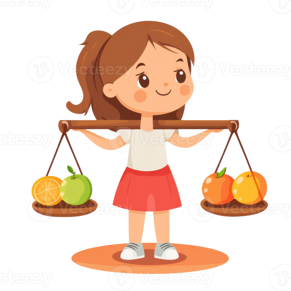 Cute Girl Balancing Justice Scales on transparent background. png