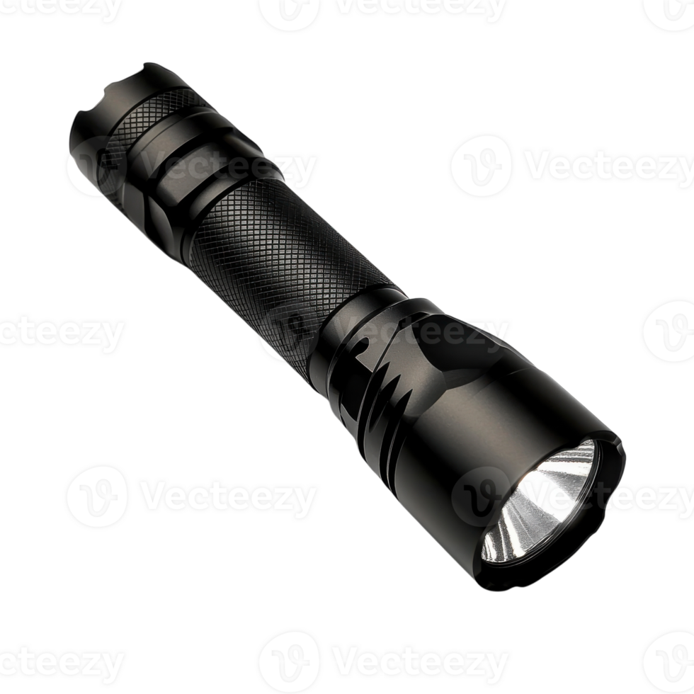 Bright LED Flashlight Black Metal on transparent background. png