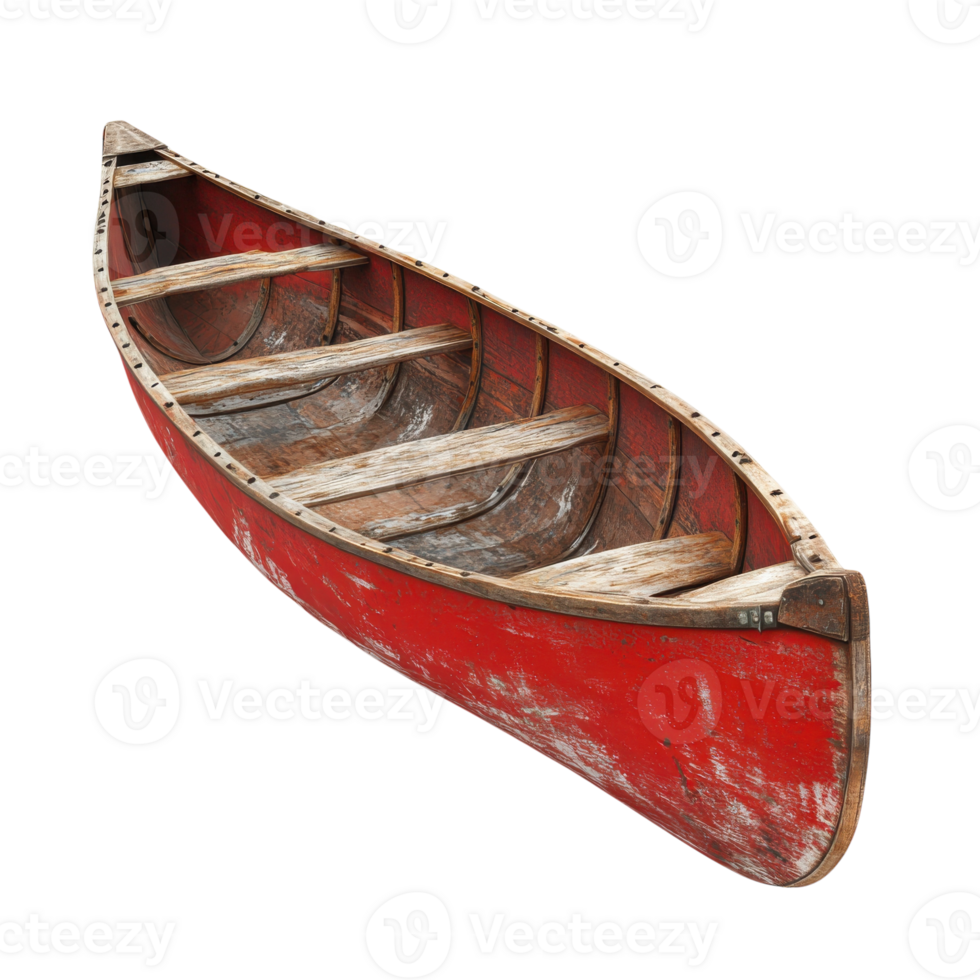 Rustic Red Canoe on Lake on transparent background. png