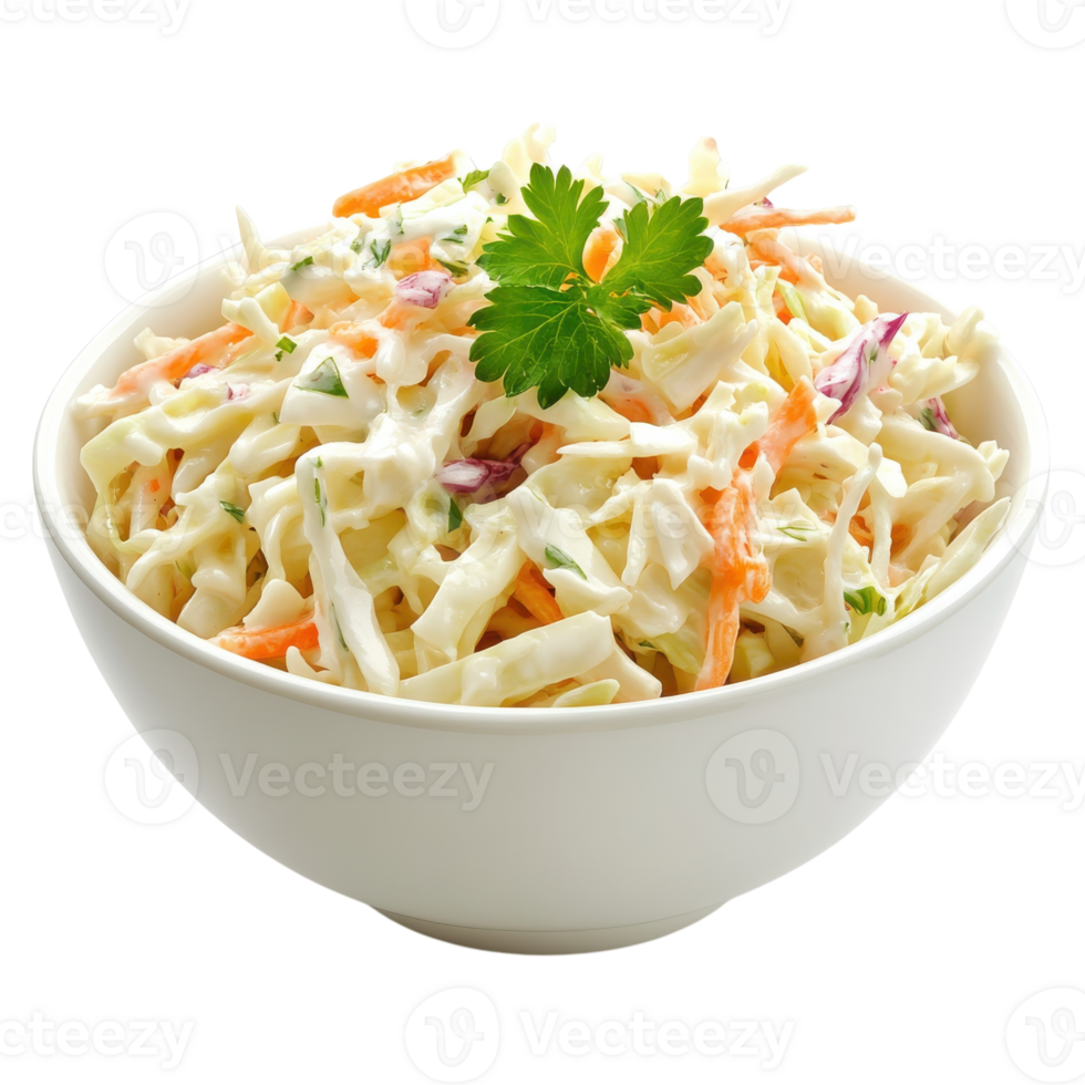 Fresh Coleslaw in White Bowl on transparent background. png