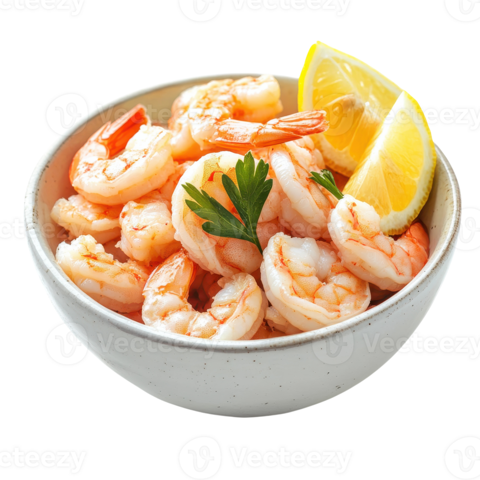 Fresh Shrimp Lemon Bowl Dish on transparent background. png