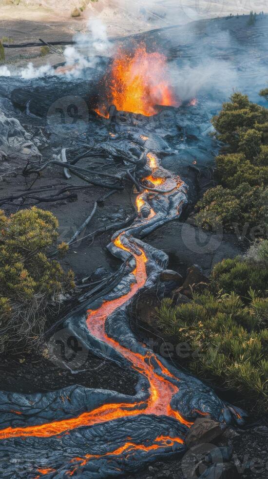 Lava flowing into the ocean from a volcano photo