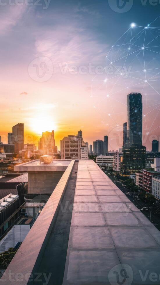 The city skyline with network connection at sunset photo