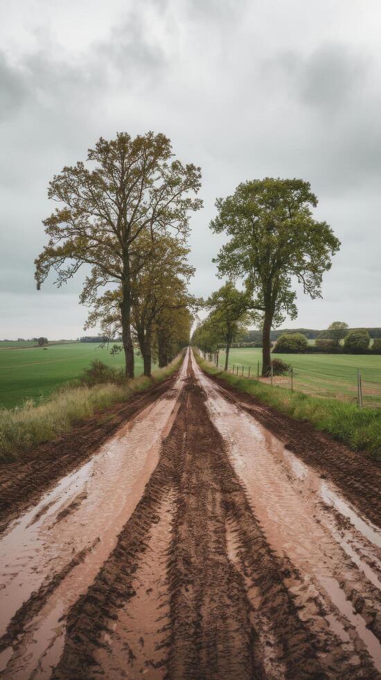Empty muddy road with a green field on both sides on the countryside area photo