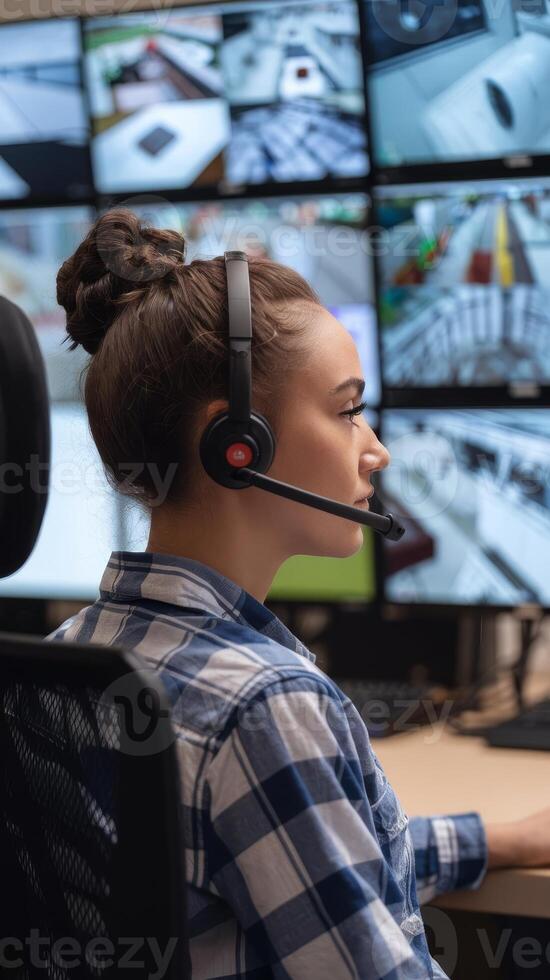 A woman wearing a headset in front of multiple monitors photo
