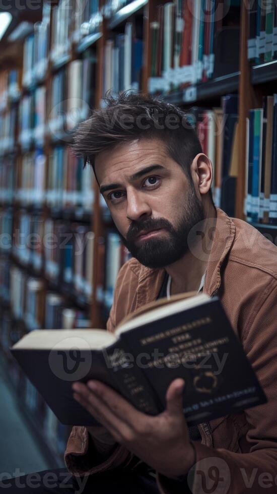 A man with a beard reading a book in a library photo