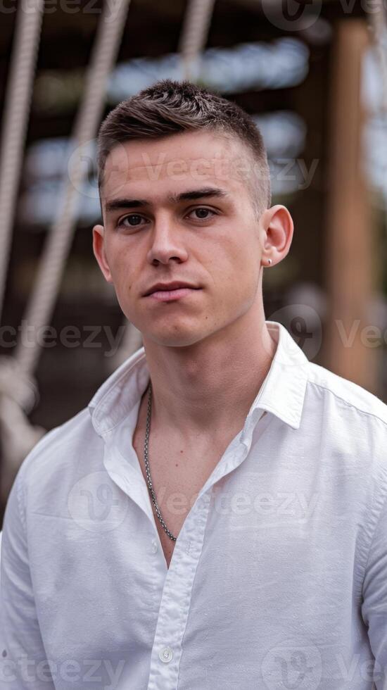 A man in a white shirt standing in front of a wooden structure photo