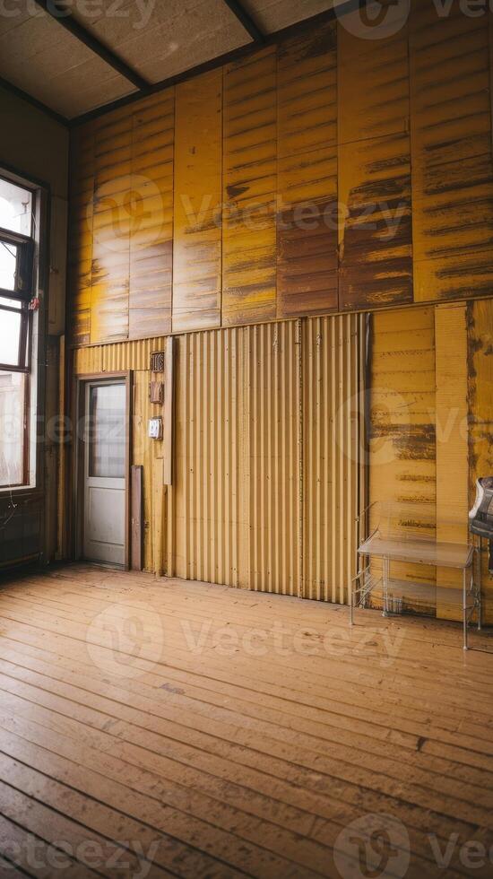 An empty room with yellow walls and wooden floors photo
