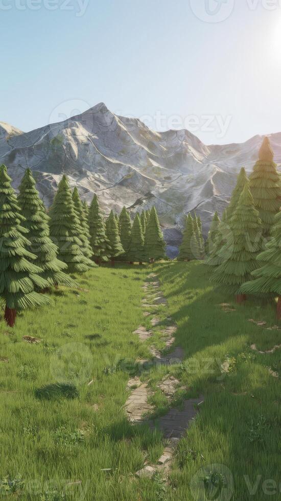 A 3d rendering of a forest with trees and mountains photo