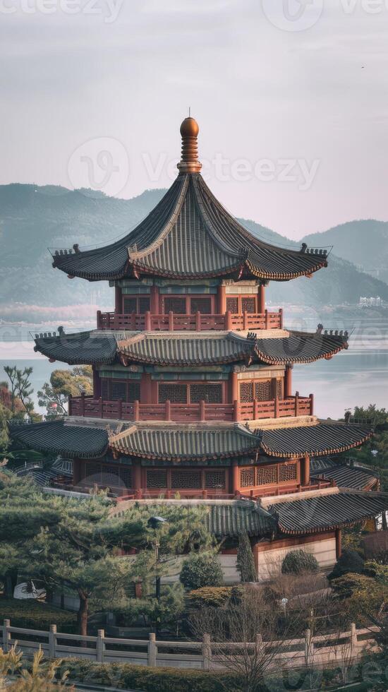 A pagoda is seen in front of a lake photo