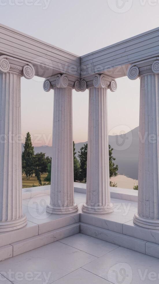Three columns with white pillars in front of a lake photo