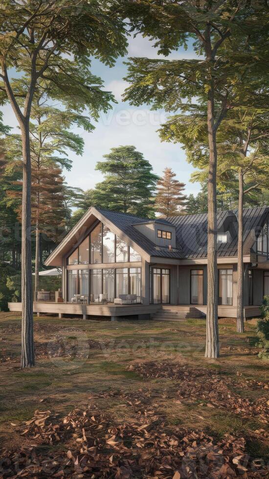 A rendering of a modern home in the woods photo