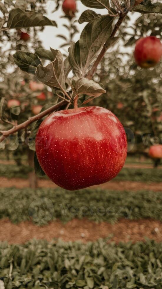 A red apple hanging from a tree in an orchard photo