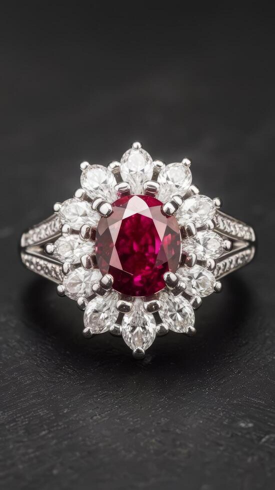 The large red diamond or ruby is surrounded by many diamonds on the ring made of platinum gold photo