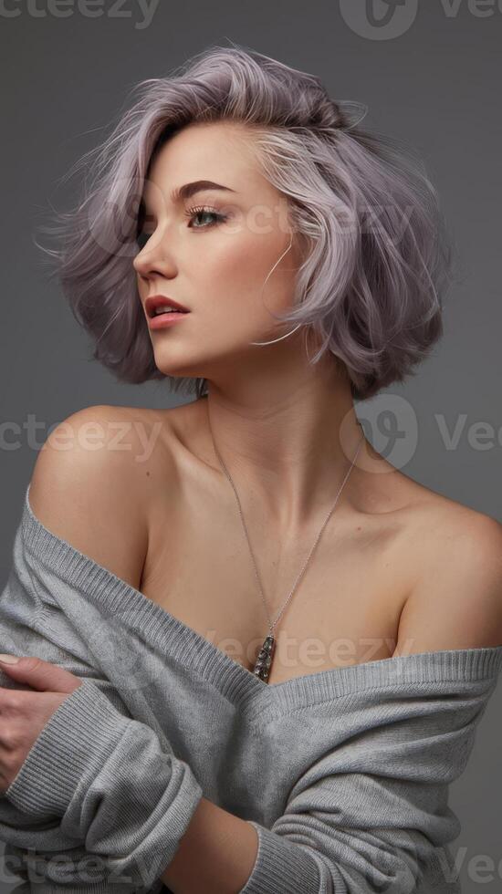 A beautiful young woman with a gray hair and a necklace photo