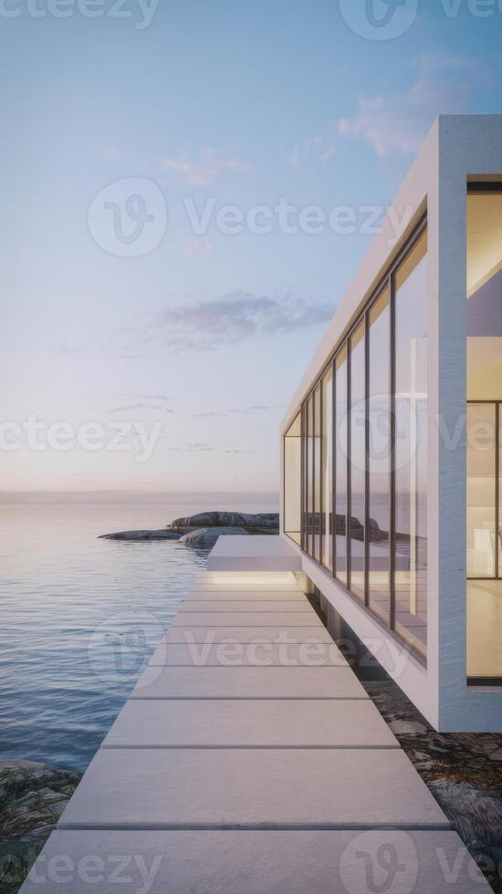 Modern house on the shore with a dock and water photo