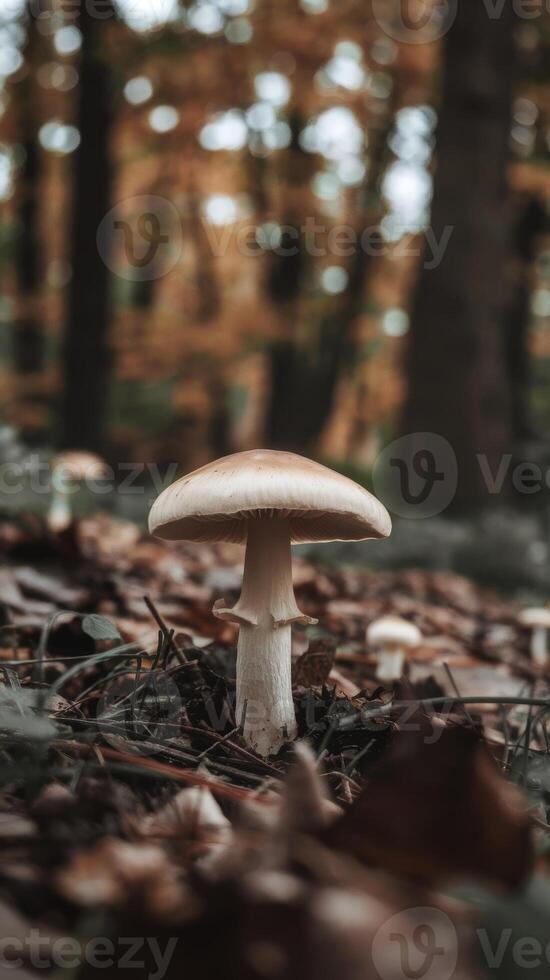 A mushroom is standing in the middle of a forest photo